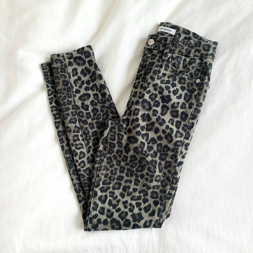 Good American Good Waist Crop Skinny Jeans Women's Size 0/25 Leopard Print Denim